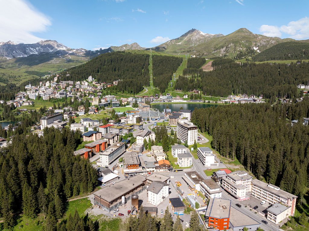Aerial view of Arosa village and Obersee lake